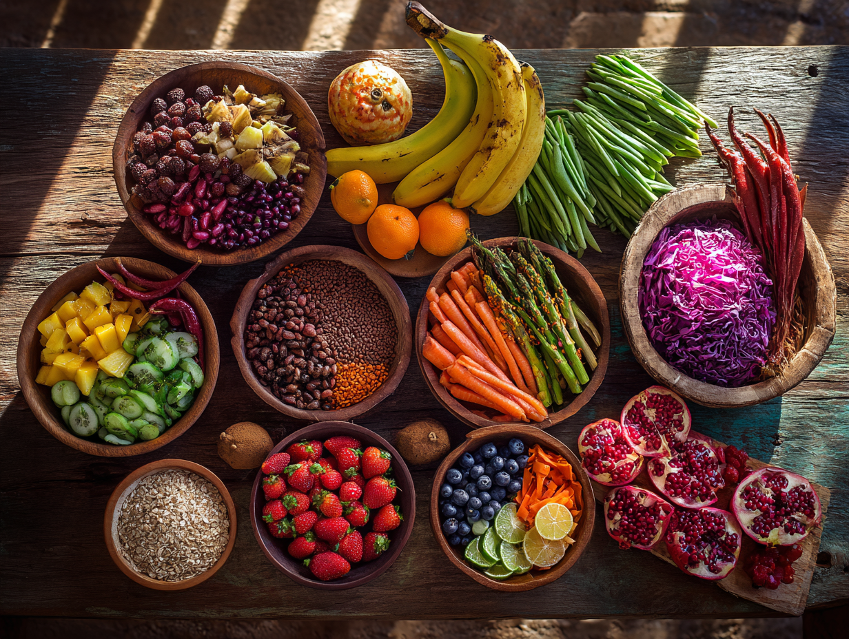 Різноманітні свіжі продукти для збалансованого харчування